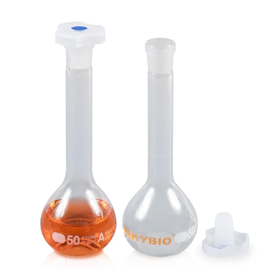 50ML Volumetric Flask Set|ASTM Class A 3.3 Borosilicate Glass|Polypropylene Stopper|White Graduation|for Analytical Chemistry Work|2PCS