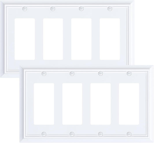 2-Pack Quad Decorator Wall Cover Plate, Pure White Decorative Switch Plates and Outlet Covers, Natural Bamboo Fiber 4 Gang Wall Plate for Electrical Outlets, Receptacle, GFCI Outlet, Dimmer Switch