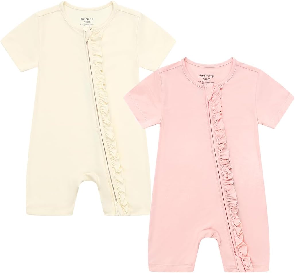 JunNeng Baby 2 Pack Rayon of Bamboo Romper Sleeper 2 Way Zipper Short Sleeve Jumpsuit Zipper Footless One-piece
