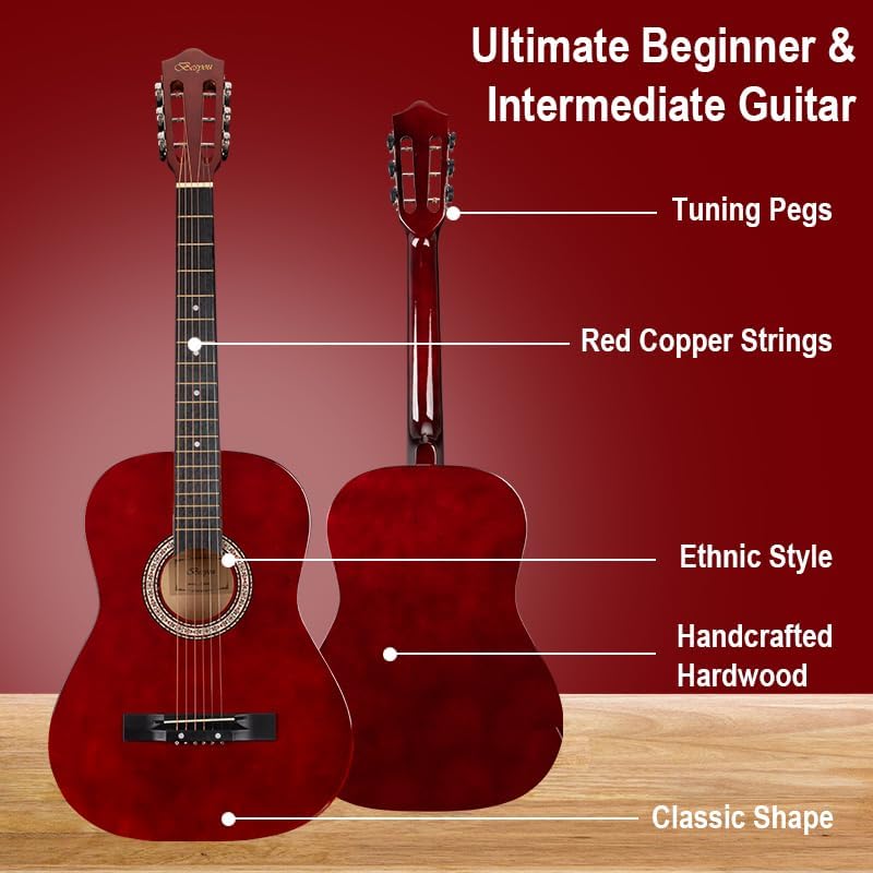 38in Beginner Acoustic Travel Guitar Basic Starter Kit Tuner Capo Strings Winders Strap Picks Pickguard with Gig Bag Starter Practice Guitar For Kids Teens Students Adults