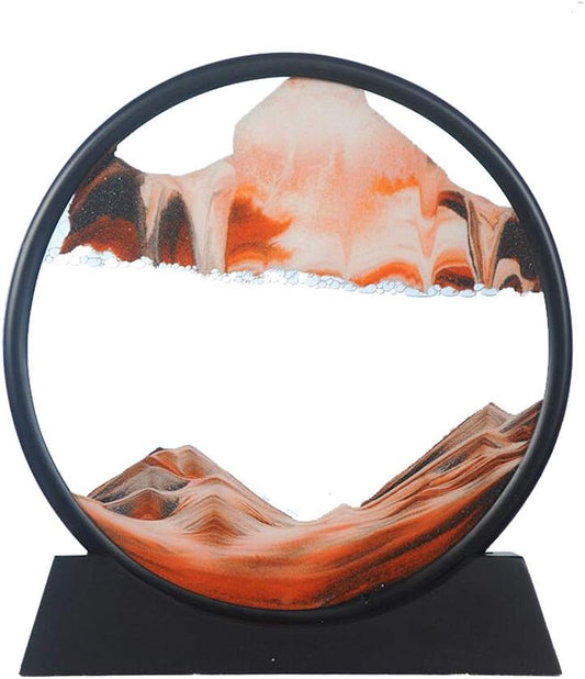 Aoderun Moving Sand Art Picture Round Glass 3D Deep Sea Sandscape in Motion Display Flowing Sand Frame Relaxing Desktop Home Office Work Decor (7", Orange)