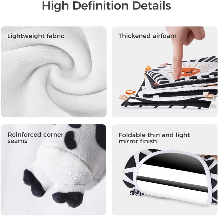 TUMAMA Black and White Baby Toys, High Contrast Tummy Time, Newborn Soft Books Mirror Rattles, Montessori Sensory 0-12 Months, Hanging Infant for Carseat Stroller Play Mat Crib