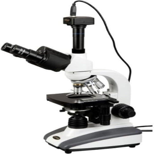 AmScope T360B-5M Digital Trinocular Compound Microscope, 40X-2000X Magnification, WF10x and WF20x Eyepieces, Brightfield, LED Illumination, Abbe Condenser, Double-Layer Mechanical Stage, Includes 5MP Camera with Reduction Lens and Software