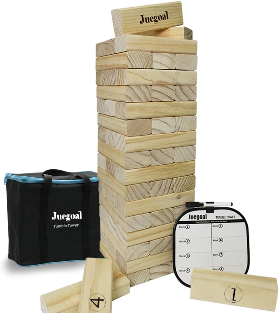Juegoal 54 Piece Giant Tumble Tower, Wooden Block Game with Gameboard, Canvas Bag for Outdoor Yard Playing,6.9 x 6.9 x 24 Inches