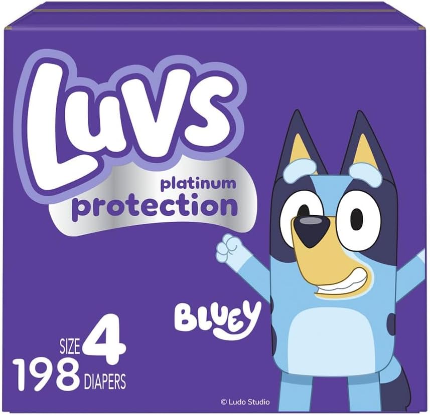 Luvs Size 4 Baby Diapers, Platinum Protection Bluey Diapers for Day & Night, Size 4, 198 Count (Packaging May Vary)