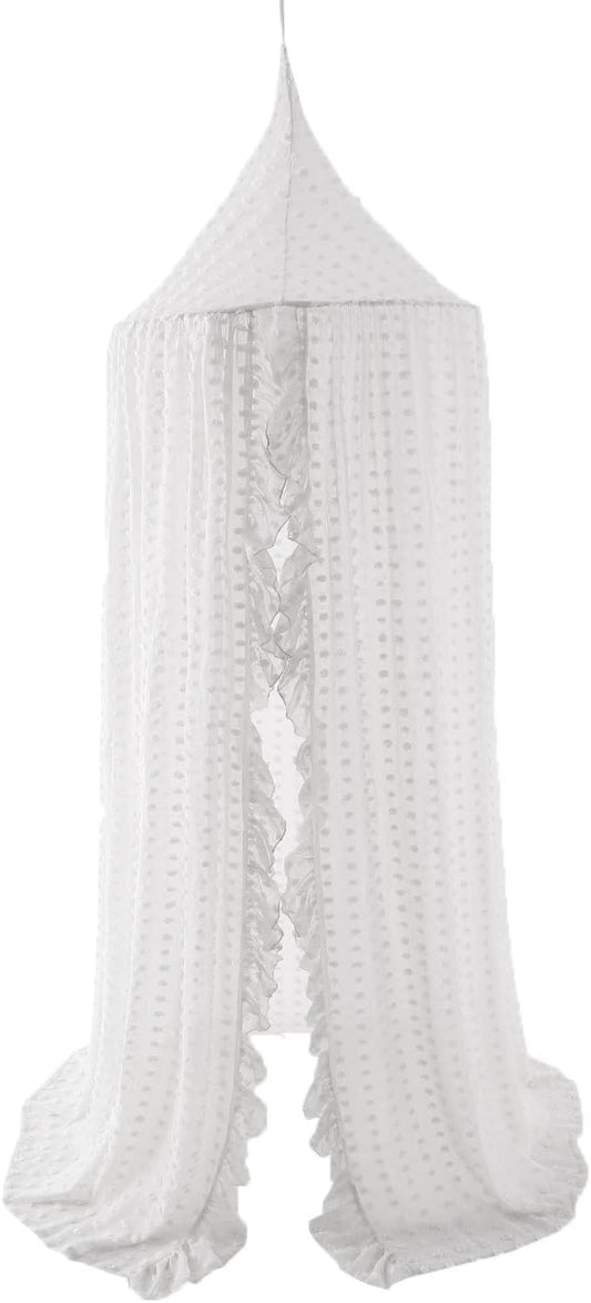 Wonder Space Elegant Kids Bed Canopy - Lace Chiffon Netting with Pom Pom, Princess Girls Fairy Dream Tent, Nursery Room Baby Crib Hanging Curtain Mosquito Net Children Reading Nook Decoration (White)