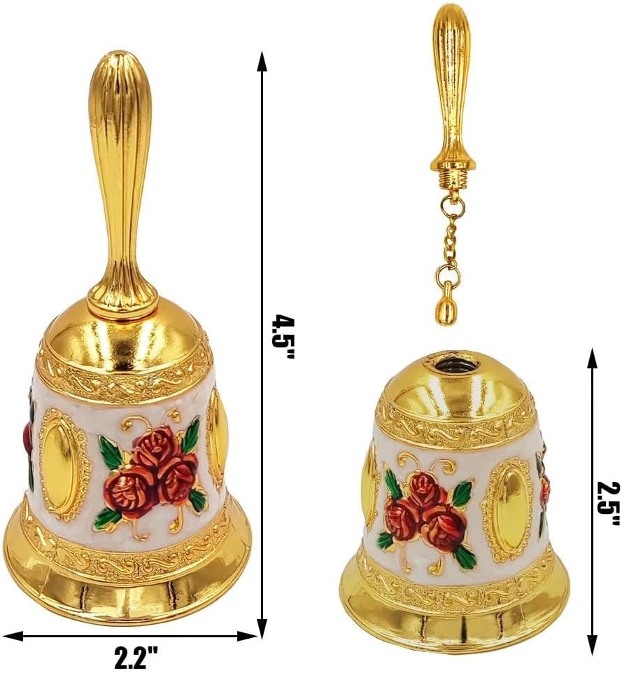 Hourwof Hand Bell,Metal Dinner Bell Decorative Wedding Bells Service Bell Call Bell Christmas Bell,Golden Red Rose