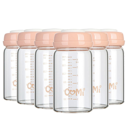 COMI Wide Neck Glass Breastmilk Collection n Storage Bottle, 6oz with Screw Ring Sealing Disk; Re-markable Sealing Disc. BPA Free, Fits Breast Pumps & Nipples (Pink Lids)