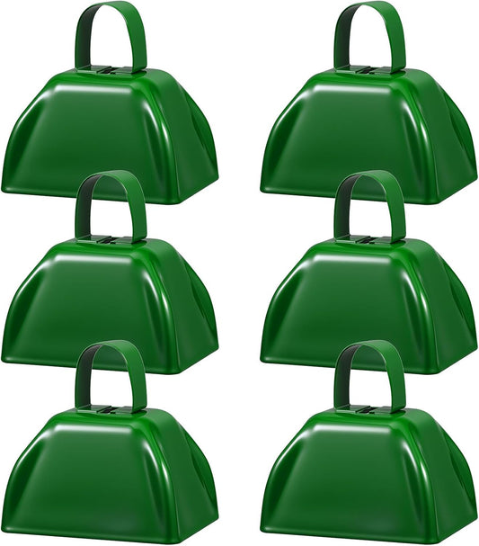 6 Pcs 3 Inch Metal Cowbells Noise Maker Hand Percussion Cow Bells with Handles for Sporting Events Cheering Noisemakers Weddings Team Spirit Sports Party Favors (Green)