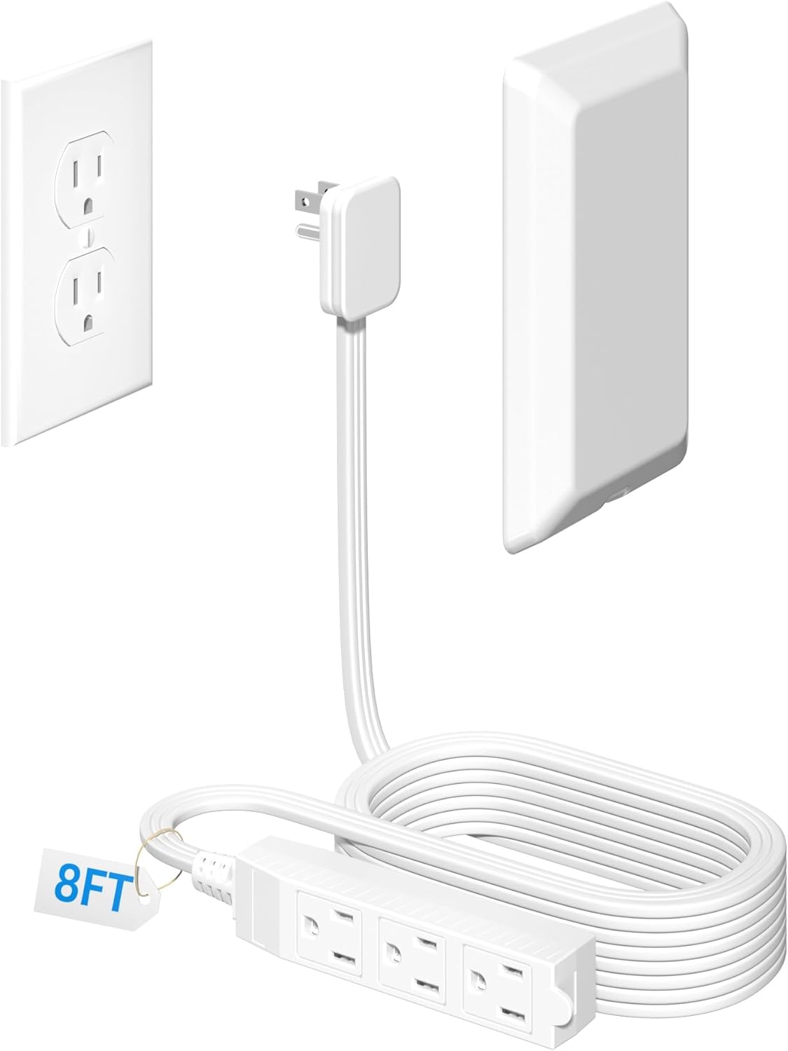 8FT Flat Plug Extension Cord with 3 Outlet Power Strip,Ultra Thin Outlet Concealer with Outlet Covers Baby Proofing,Flat Face Outlet Extender for Home,Bedroom,Kitchen with ETL Listed,White