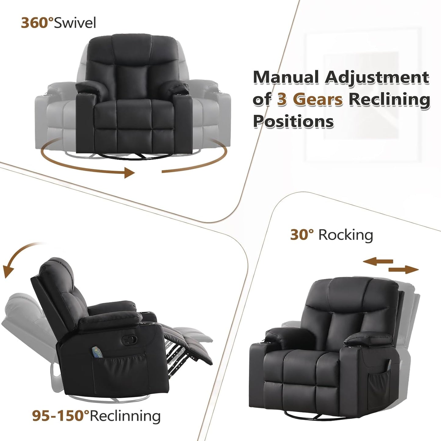 ANJ Swivel Rocker Recliner Chair Set of 2, Brown PU Leather, Manual 3-Position Reclining with Massage & Heat, Cup Holders for Living Room