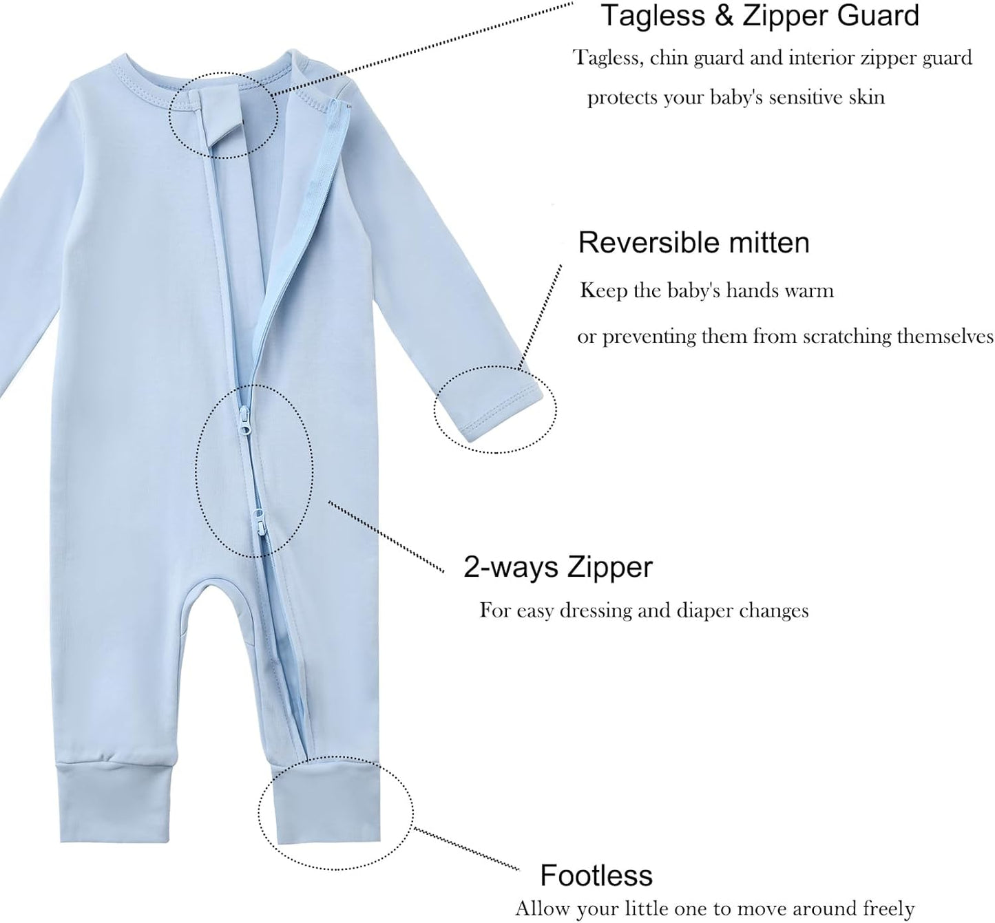 Aablexema 3-Pack Organic Cotton Baby Footless Pajamas with Mitten Cuffs, 2-Way Zipper Romper Sleepers