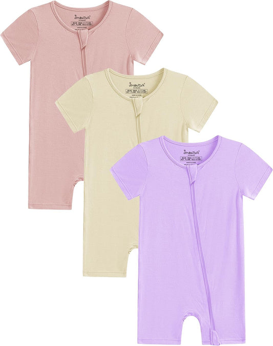 Jimonda Boys Baby Girls Short Sleeve Romper Unisex Baby Footless Pajamas With Viscose 2-Way Zipper Front 3Pcs0-24Months