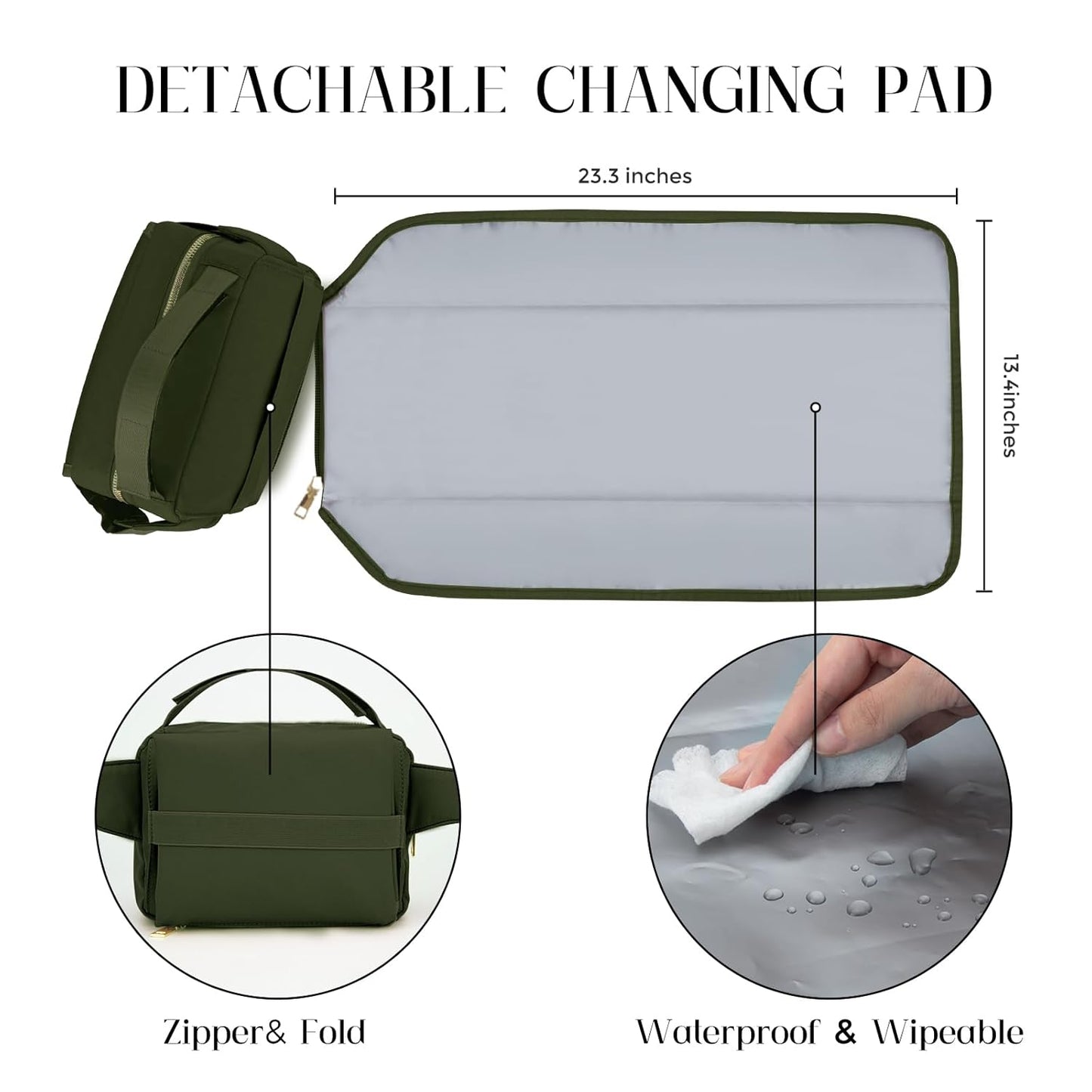printe Small Diaper Bag with Portable Changing Pad, Crossbody Diaper Pack with Wipes Pocket, Women Waist Bag for Travel Stroller, Olive Green