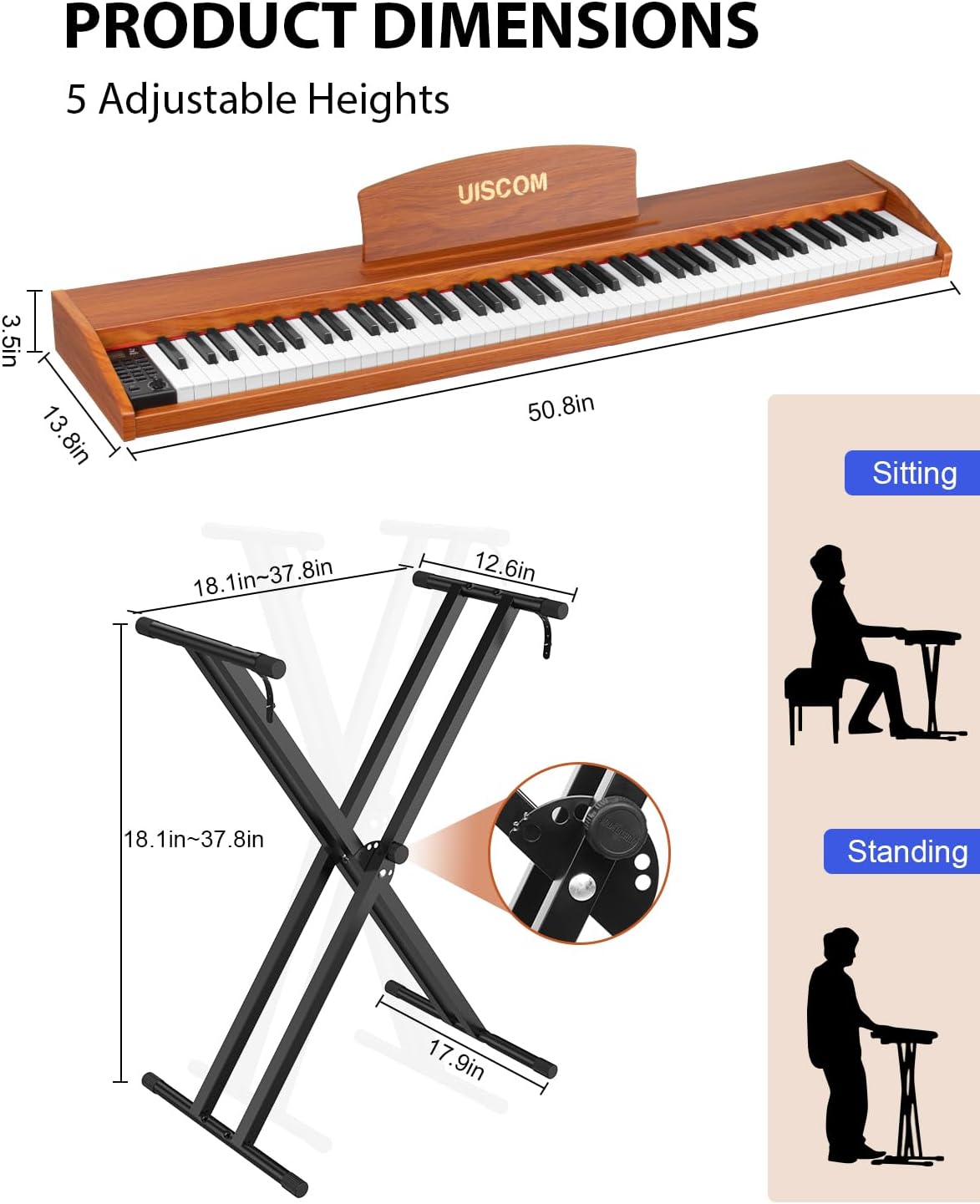 88 Key Digital Piano Keyboard for Beginners - Full Size Semi Weighted Wooden Electric Piano Set with Stand, Triple Pedal, Headphone,Carry Bag - Supports USB-MIDI Connecting (Wood Grain Brown)