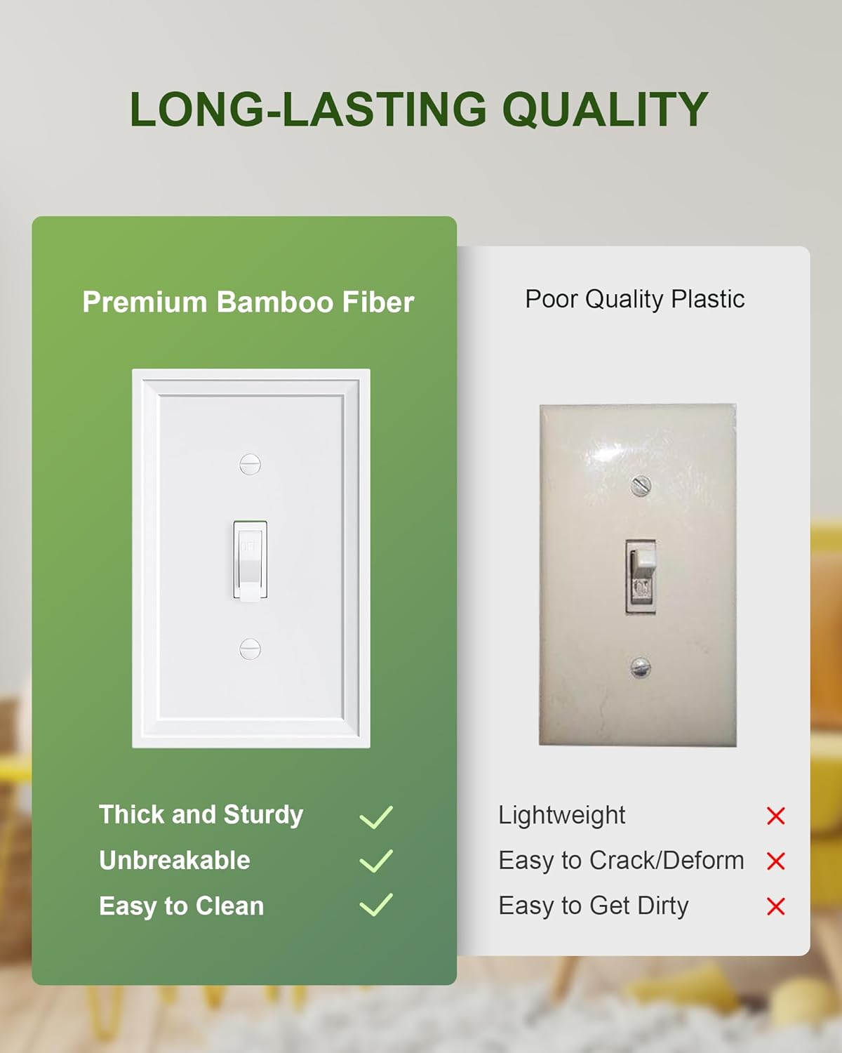 4-Pack Single Toggle Light Switch Covers Wall Plate, Pure White Decorative Switch Plate Covers, 1 Gang Natural Bamboo Fiber Wall Plate, Corrosion Resistant