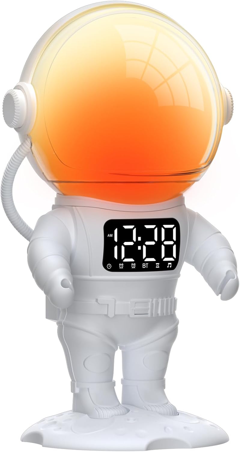 Astronaut Sunrise Alarm Clock for Kids, White Noise Sound Machine with 30 Soothing Sounds, 22 Dimmable Nightlights, Bluetooth Speaker, Dual Digital Alarm Clocks, Wake Up Light for Bedroom, Adults