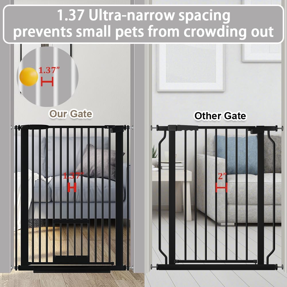 40.55" Tall 1.37" Ultra Narrow Spacing Dogs Pets Baby Gate with Door for Doorway Cat Safety Proof Indoor 30.12-45.87" Extra Wide Puppy Pressure Mounted No Drill White Black Metal Hallway