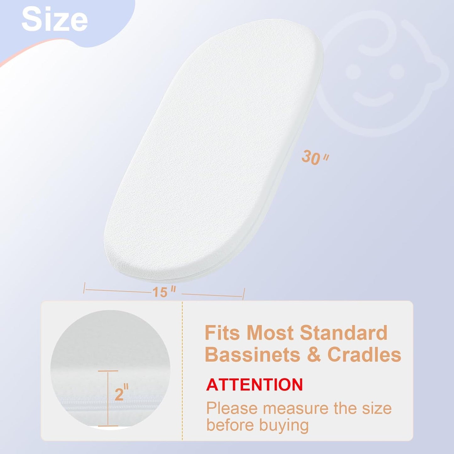 NeoBorn Baby Bassinet Mattress Pad, 30" x 15" Dual Sided Comfort Gel Memory Foam Mattress with Removable Breathable Soft Tencel Cover Fit for Dream On Me Lacy/Snoo/Moses Basket Baby Bassinet