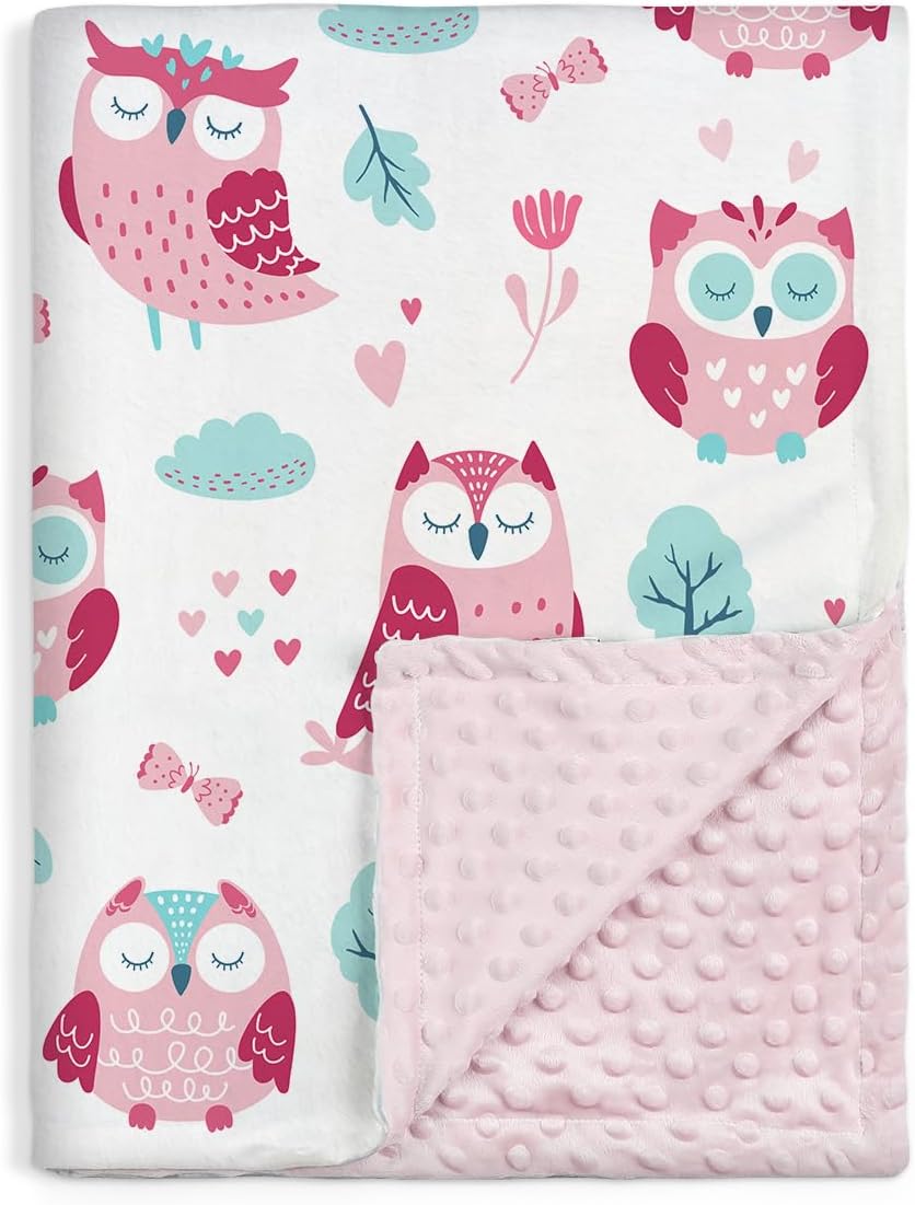 Owl Kid Blanket for Girl - Soft Kids Throw Minky Blankets with Dotted Backing for Girls - Kids Nursery Crib Blanket 30x40