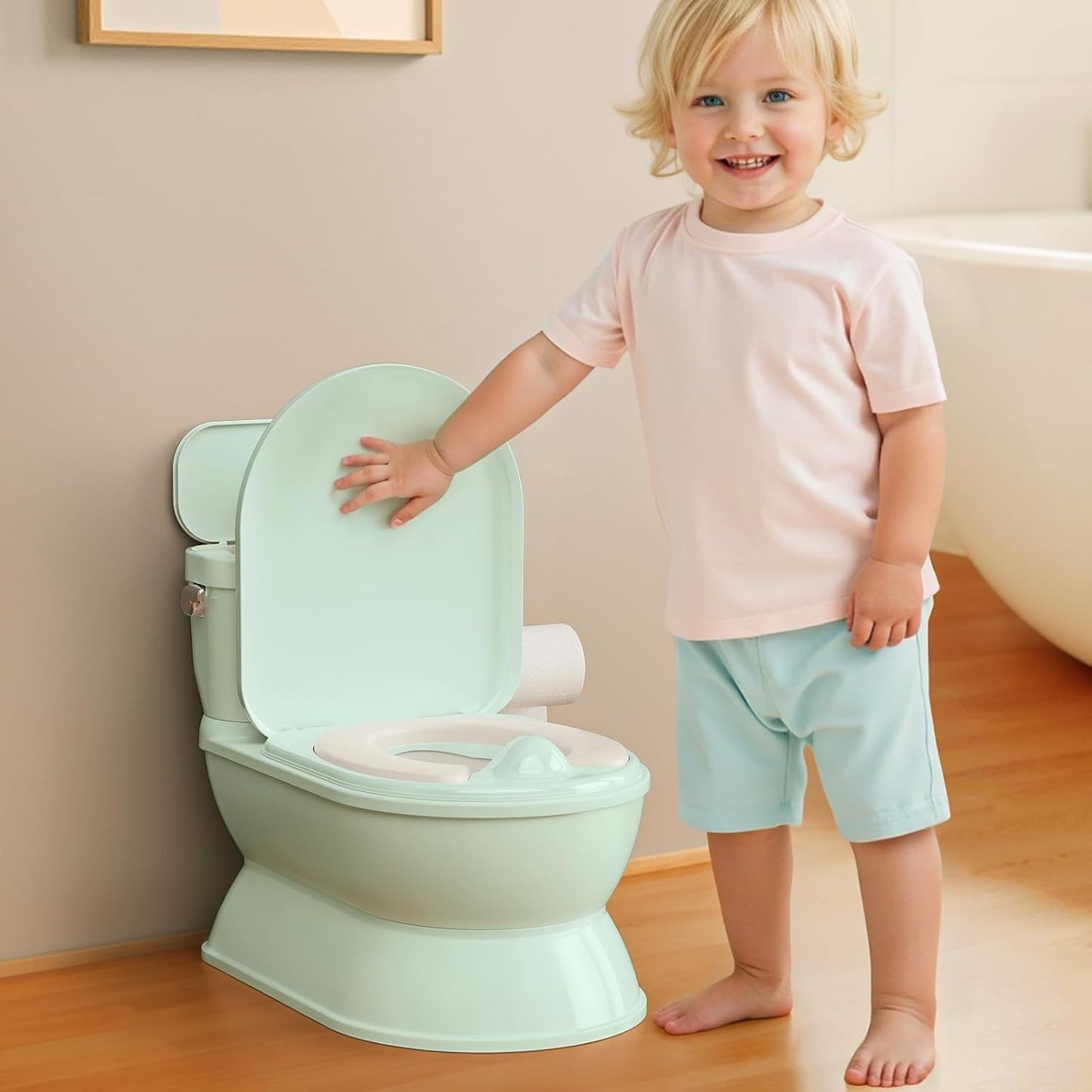 2-in-1 Toddler Potty Training Toilet - Larger Potty Chair & Detachable Training Seat for Boys & Girls Ages 1-3 with Flushing Sound, Wipes Storage, Toilet Paper Holder