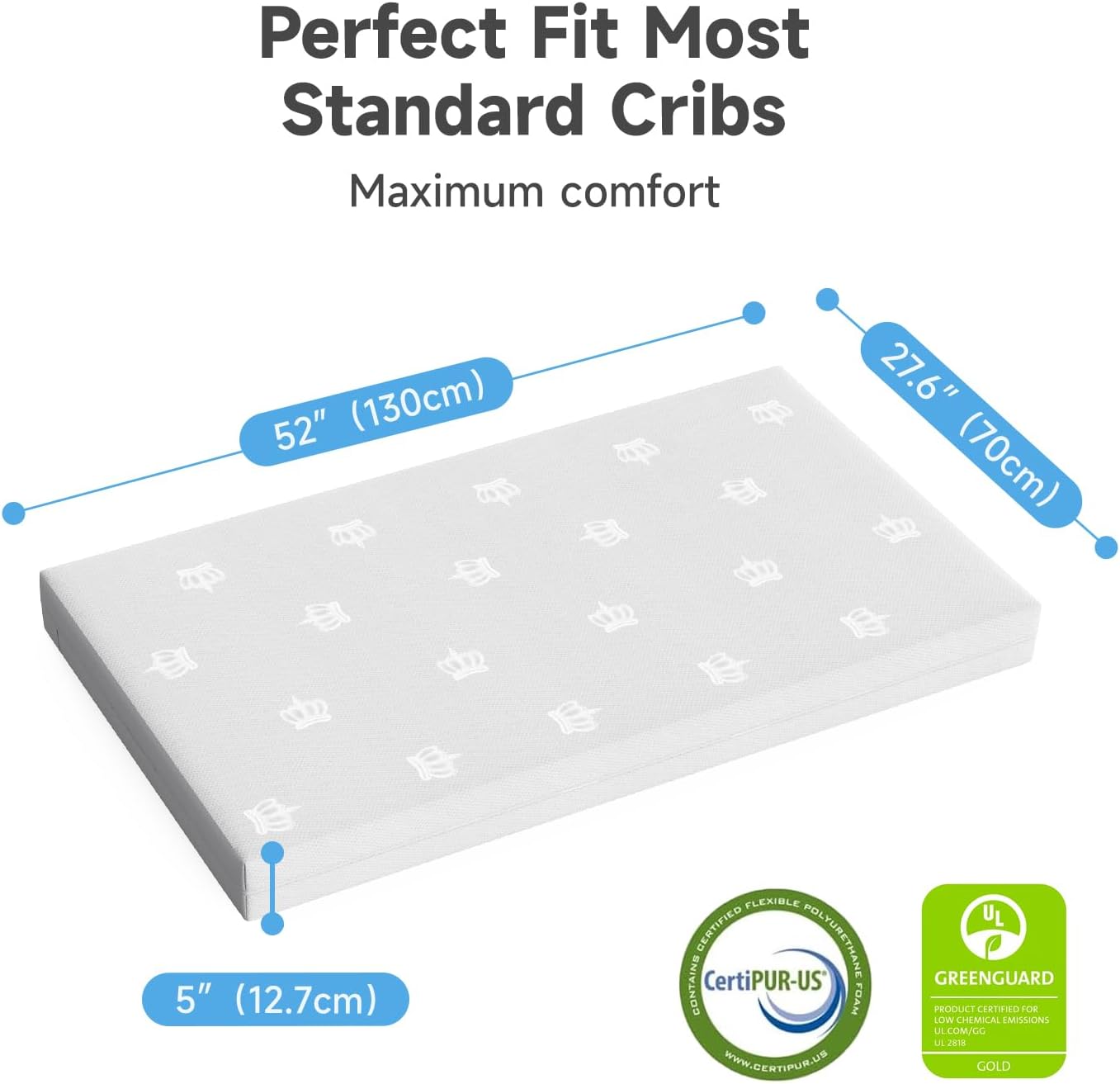 Breathable Crib & Toddler Mattress, Dual-Sided, Memory Foam, Waterproof, Removable and Machine-Washable Cover for Toddler and Baby, Standard Size Baby Mattresses for Crib 52" x 27" x 5