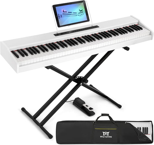 MUSTAR Digital Piano 88 Key Weighted with Stand, 88 Key Semi Weighted Keyboard Piano MEP-1000, Portable Electric Piano Keyboard 88 Keys with Bluetooth Connection, Case, Sustain Pedal, MDF, White