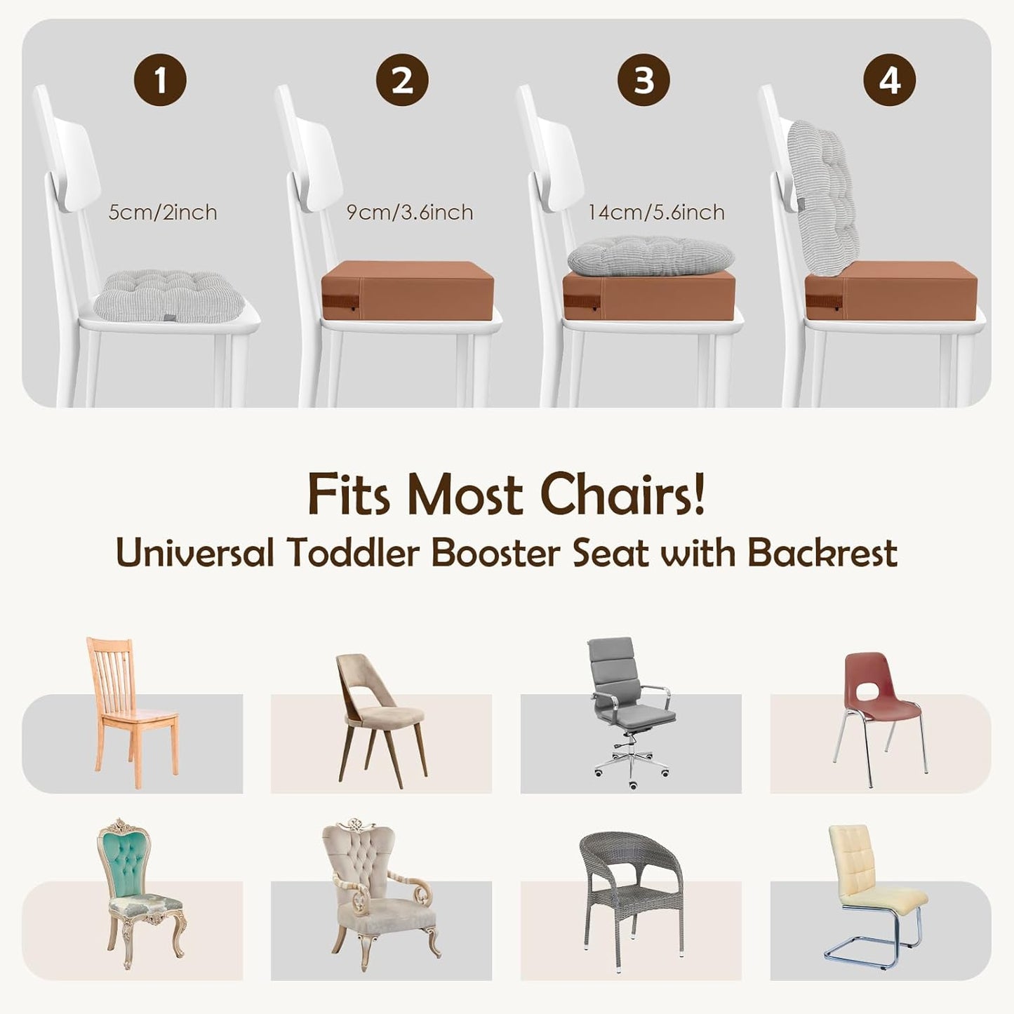 Booster Seat for Kitchen Chair with Comfy Backrest and Adjustable Safety Buckles,Non-Slip Kid Toddler Booster Seat for Dining Table,Portable PU Travel Baby Booster Increasing Cushion Chair