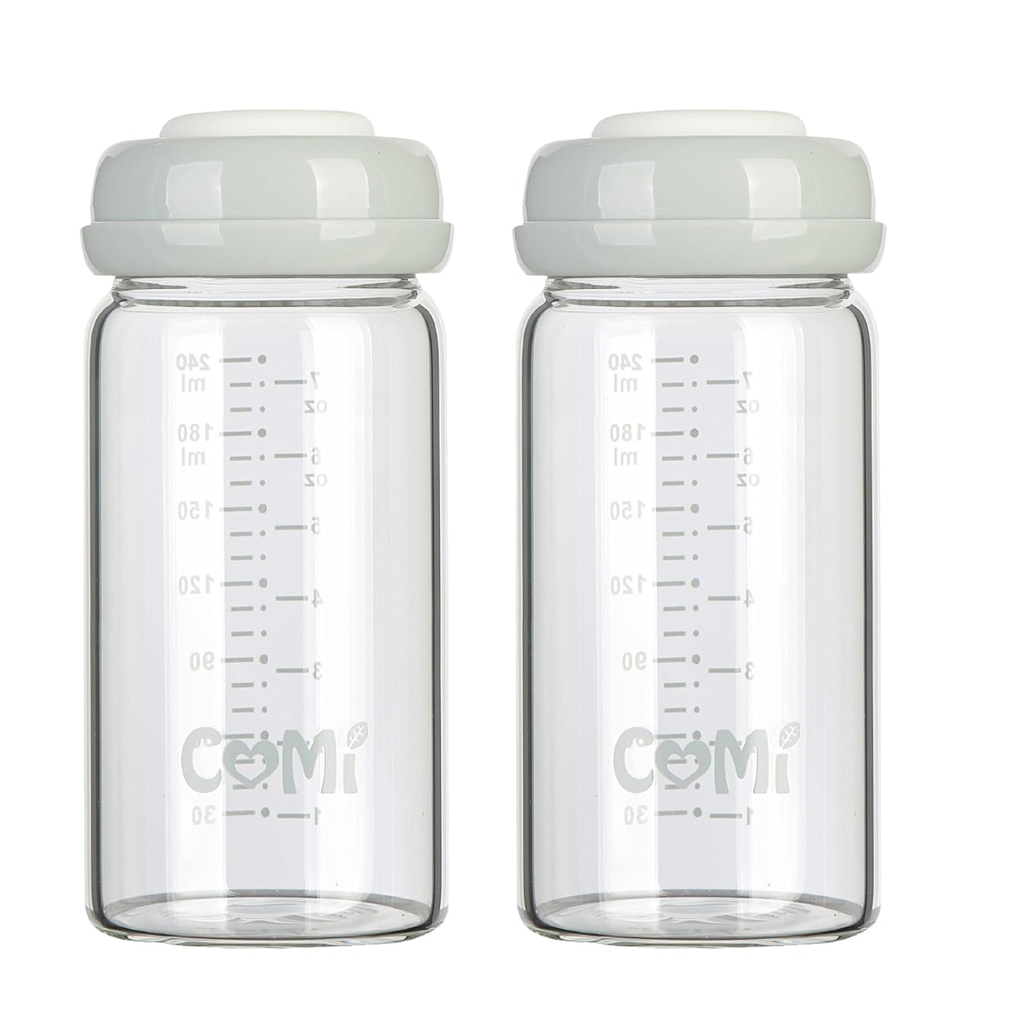 COMI Wide Neck Glass Breastmilk Collection n Storage Bottle, 8oz with Screw Ring Sealing Disk; Re-markable Sealing Disc. BPA Free, Fits Breast Pumps & Nipples (2 Gray Lids)