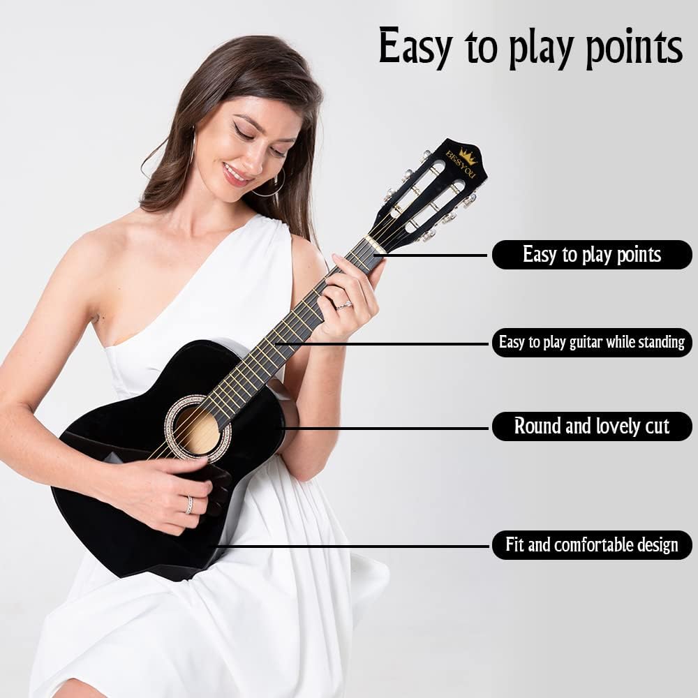 30" Black Beginner Acoustic Guitar Starter Package Student/Kids Guitar with Gig Bag,Strap,2 Picks,Extra Strings, Electronic Tuner.