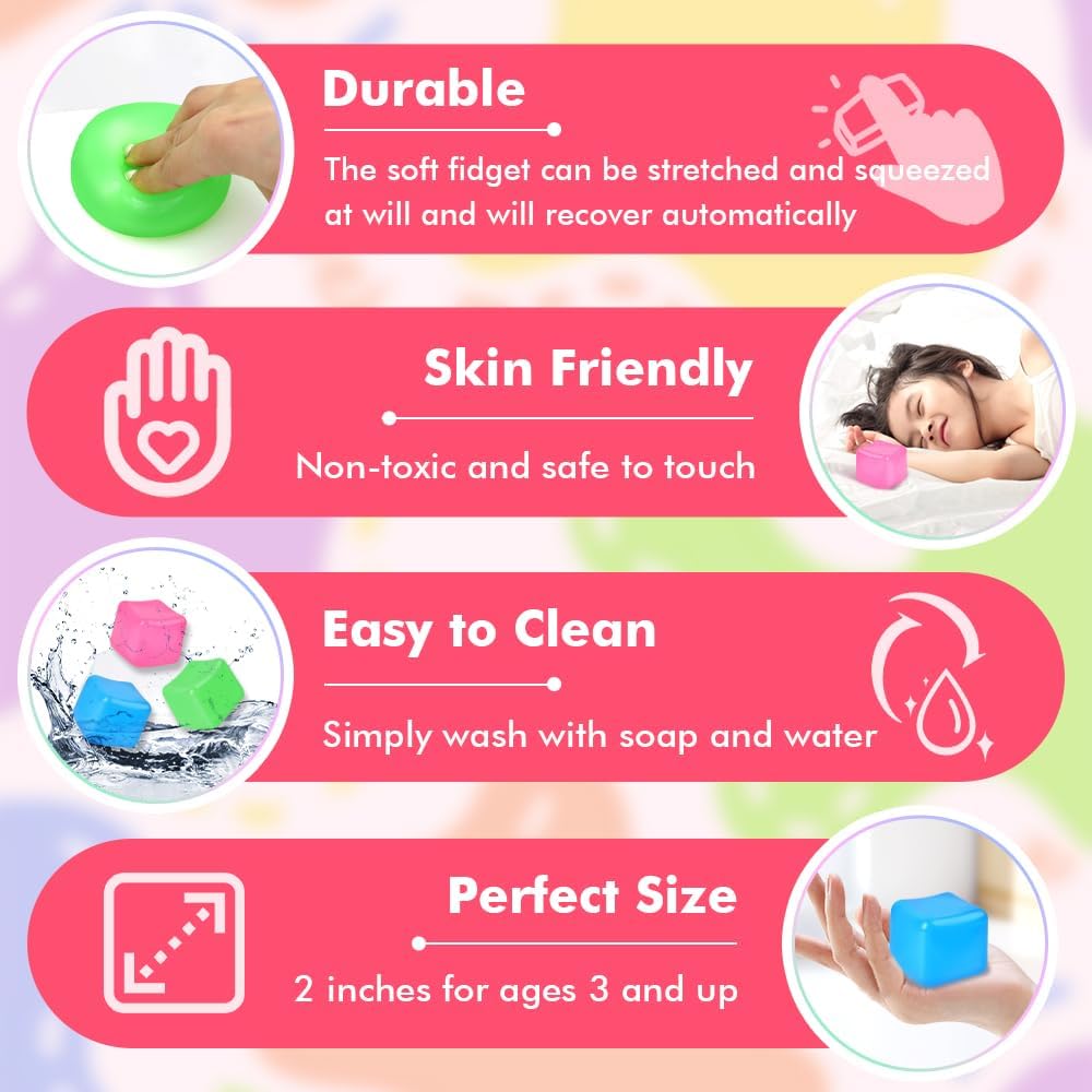 3 Pack Stress Cube - Squishy Sensory Fidget Toy for Adults and Kids, Anxiety Relief Toys with Groovy Goo Filling in Pink Blue Green