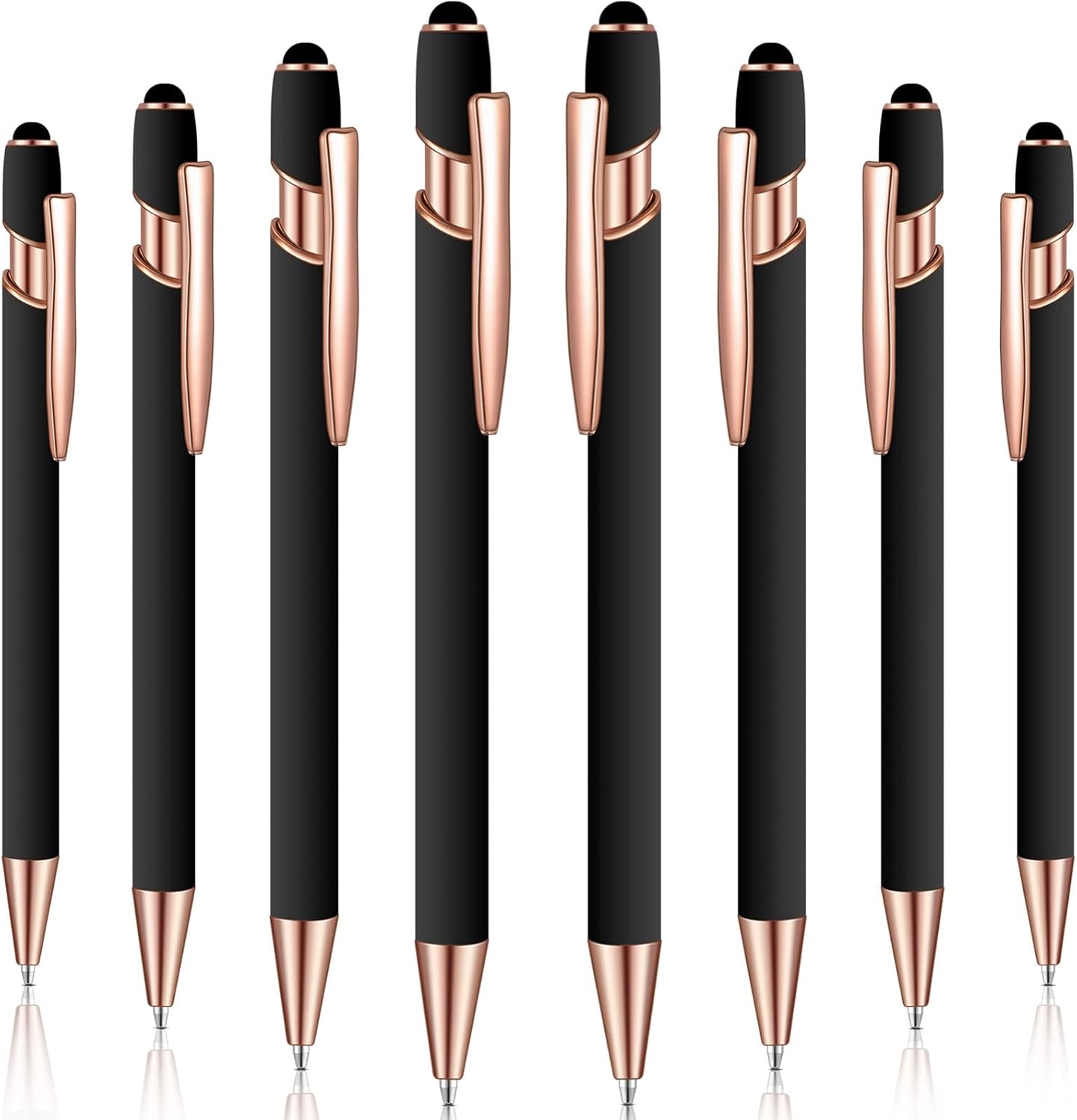 8 Pieces Ballpoint Pen with Stylus Tip Black Ink 2 in 1 Stylus Metal 1.0 mm Medium Point Smooth Pen Rainbow Colorful Rubberized Ballpoint for Touch Screen Tablet(Rose Gold, Black)