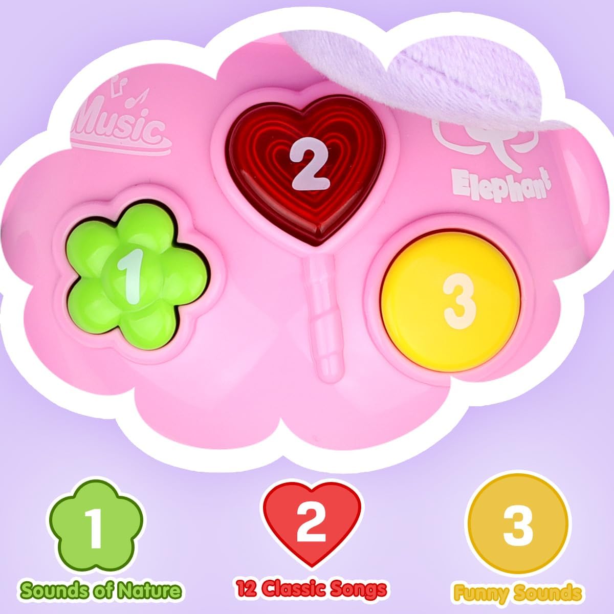 Aitbay Plush Elephant Music Baby Toys 0 3 6 9 12 Months, Cute Stuffed Aminal Light Up Baby Toys Newborn Baby Musical Toys for Infant Babies Boys & Girls Toddlers 0 to 36 Months (Purple)