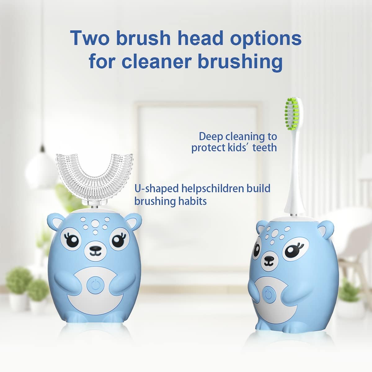 Kids Electric Toothbrushs U Shaped sonic Automatic Toothbrush with 4 Brush Heads, Six Cleaning Modes,Cartoon deer Modeling , full mouth toothbrush for baby