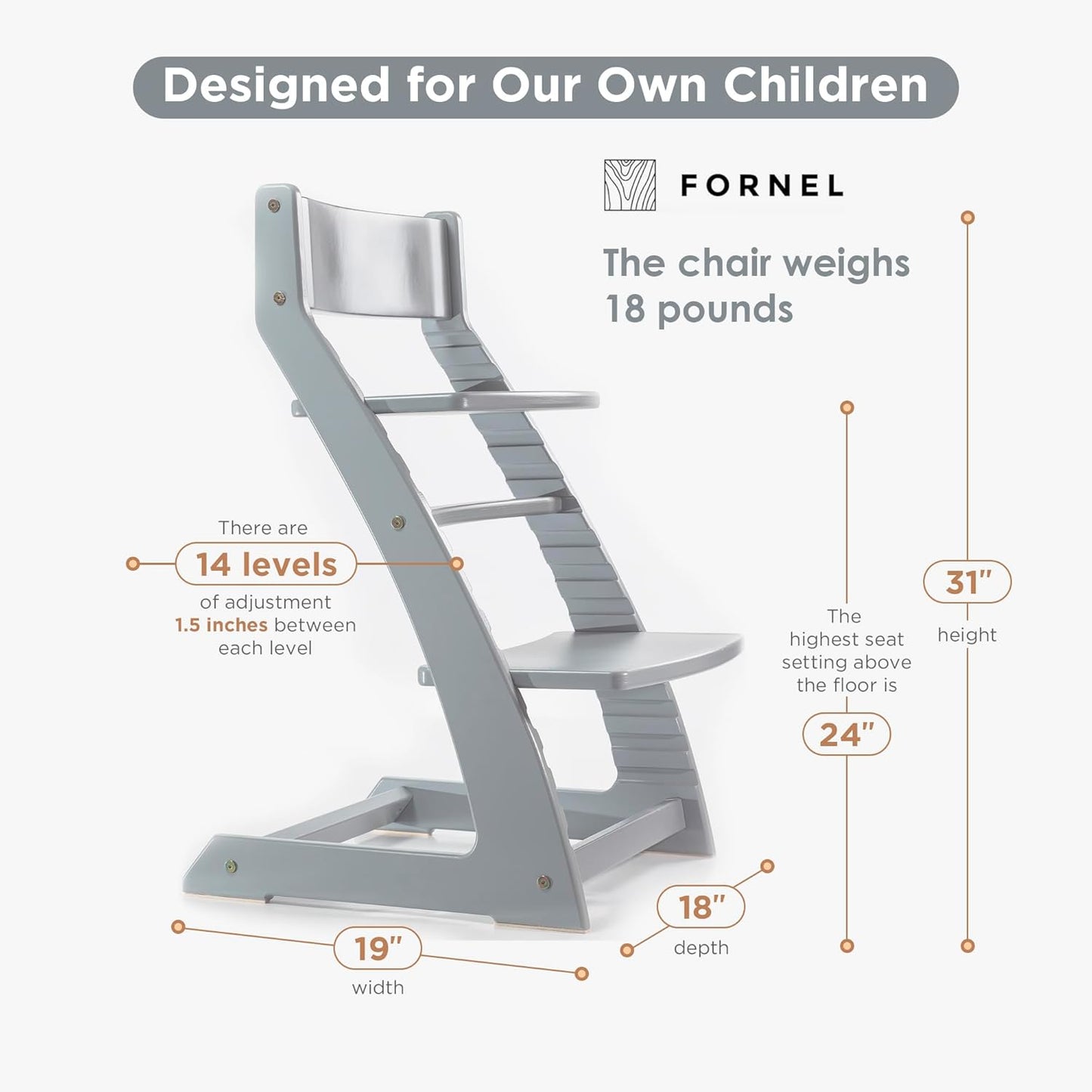 FORNEL Grey Wooden High Chair for Toddlers | The Grow-with-Me Adjustable Chair for Modern Farmhouse & Scandinavian Kitchens | A Smart Stokke Alternative
