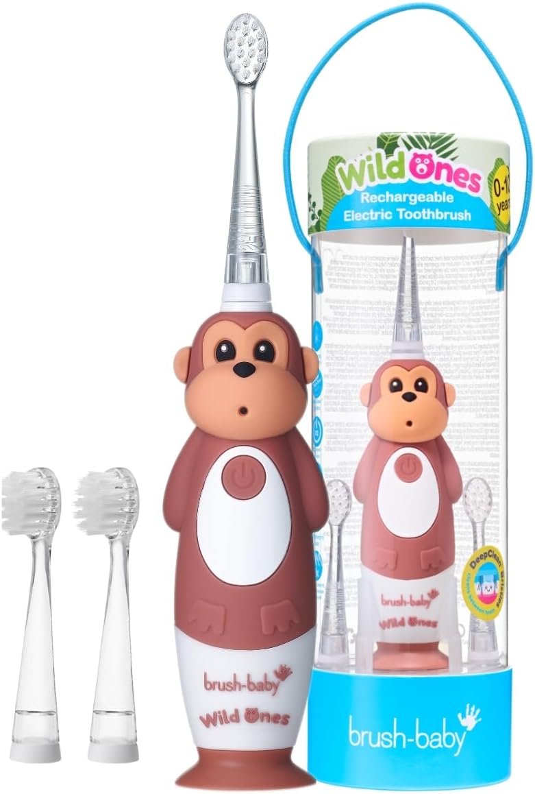 brush-baby WildOnes™ Rechargeable Kids Electric Toothbrush – Monkey | Flashing Lights, 2-Min Timer, Waterproof, 3 Brush Heads | Toddler & Child Toothbrush Ages 0-10 | Soft Bristles