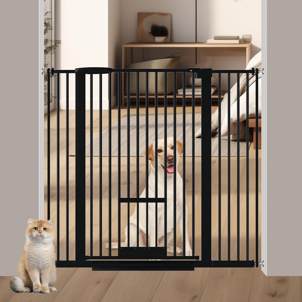 40.55" Tall 1.37" Ultra Narrow Spacing Dogs Pets Baby Gate with Door for Doorway Cat Safety Proof Indoor 30.12-45.87" Extra Wide Puppy Pressure Mounted No Drill White Black Metal Hallway