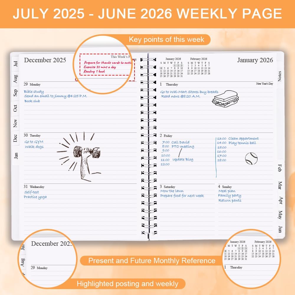 2025-2026 Planner - Weekly & Monthly Planner Runs Jul 2025 to Jun 2026, 6.25" x 8.25", 12 Monthly Tabs, 14 Notes Pages, Inner Pocket, Flexible Cover with Twin-Wire Binding, Planners 2025-2026