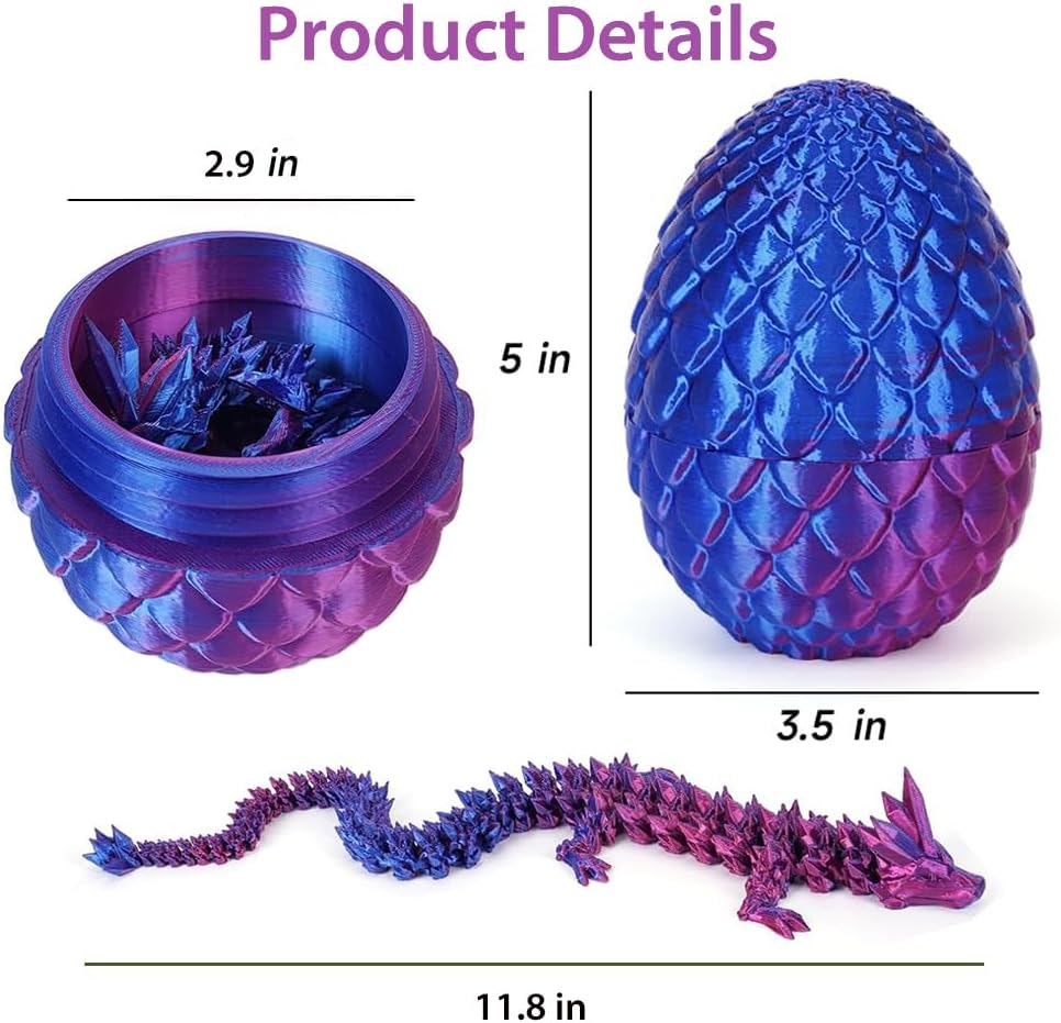 3D Printed Dragon Eggs with Dragon Inside - Mystery Dragon Egg Fidget Toy, 3D Dragon Eggs with Dragon Inside Fidget, 3D Printed Dragon Egg Fidget for ADHD/Autism, Laser Violet