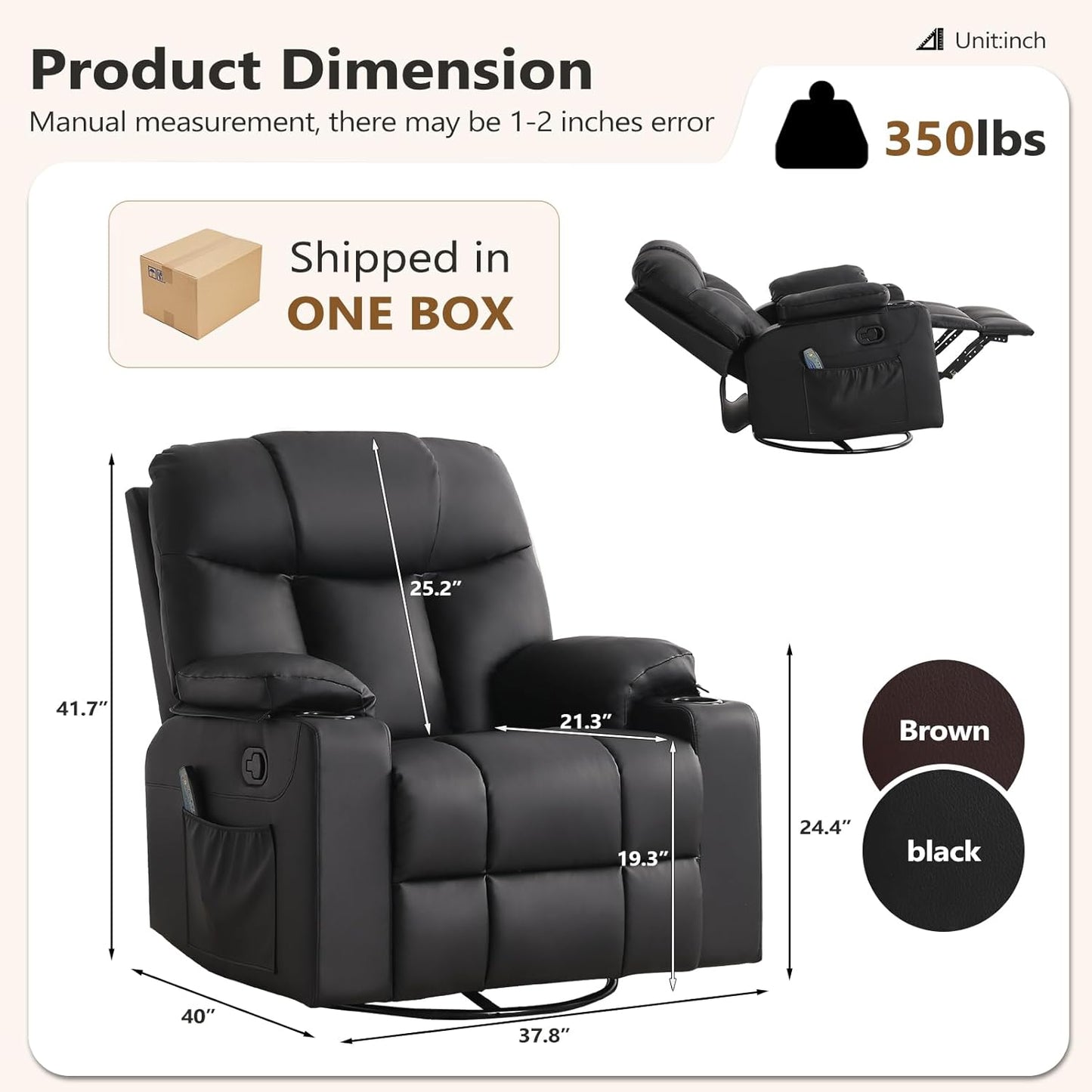 ANJ PU Leather Nursery Recliner Chair, 360° Swivel Rocker with Heat & Massage, 3-Position Manual Reclining for Living Room, Black