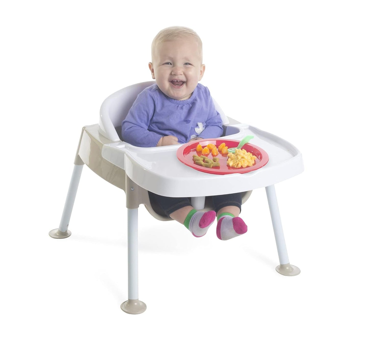 Foundations Secure Sitter 7" Feeding Chair, Stable “No Tip” Feet, 3-Point Adjustable Harness, Removable Tray, Easy to Clean, Smooth Plastic (White/Tan)