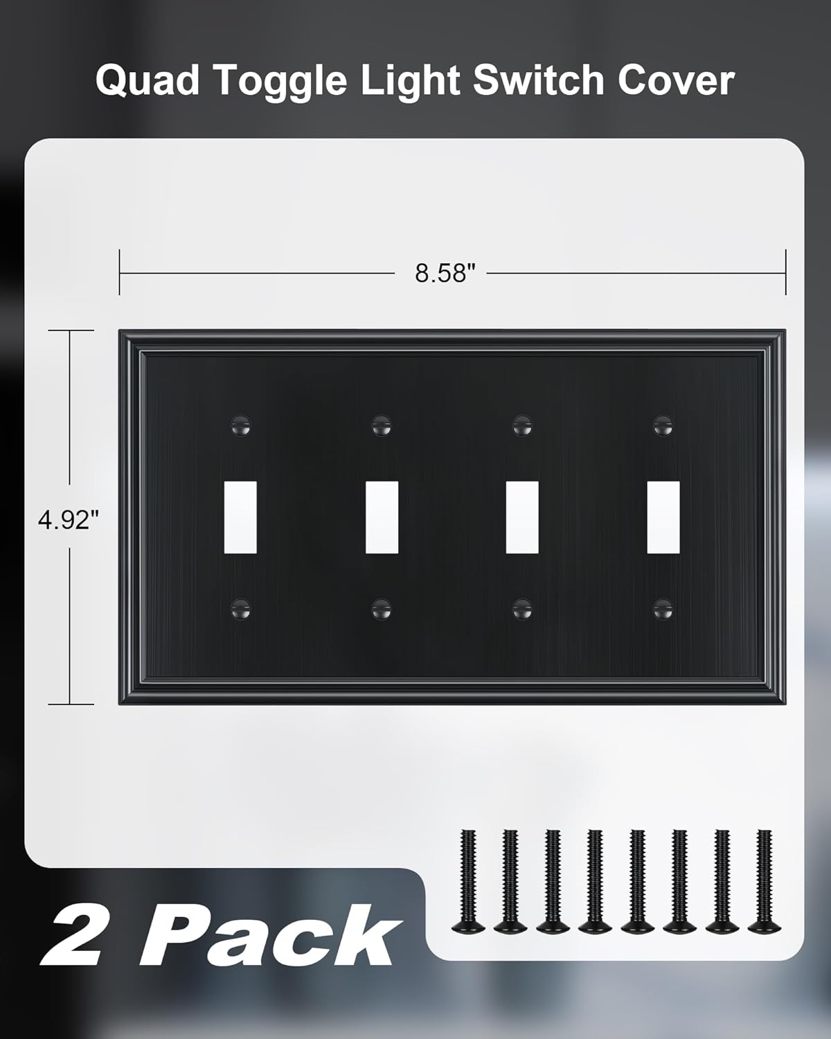 2-Pack Quad Toggle Light Switch Cover Plate, Durable Zinc Alloy Decorative Switch Plate Covers, Black 4 Gang Wall Plate for Toggle Light Switch and Rotary Dimmer Switch