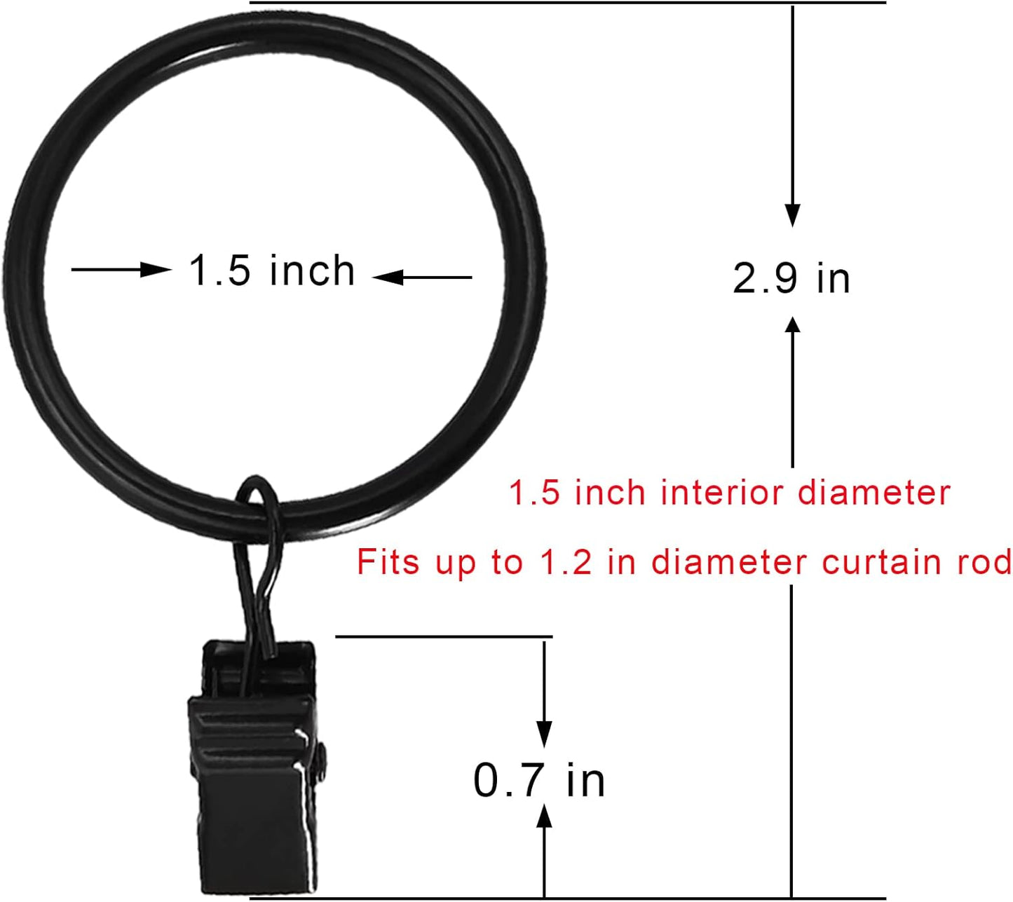100 Pack Black Curtain Rings with Clips, Curtain Hooks Hangers Clip Rings for Hanging Drapes Bows Hat, Drapery Rings 1.5 in I D, Fits up to 1.2 in Diameter Curtain Rod.