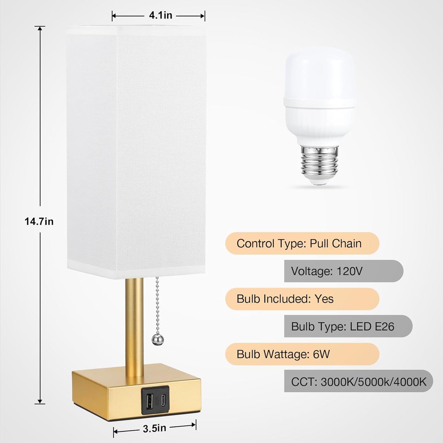 aooshine White Small Table Lamp for Bedroom - 3 Color Temperature 3000K 5000K 4000K Bedside Lamp, Pull Chain Control, USB A and C Ports, Pure Gold Color Base, Bulb Included