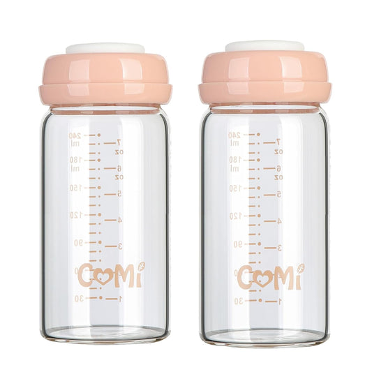 COMI Wide Neck Glass Breastmilk Collection n Storage Bottle, 8oz with Screw Ring Sealing Disk; Re-markable Sealing Disc. BPA Free, Fits Breast Pumps & Nipples (2 Pink Lids)