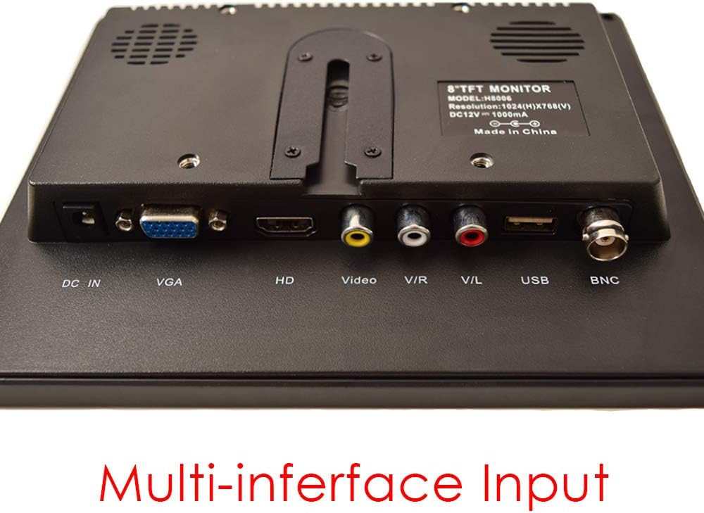 8 inch CCTV Monitor, TFT LCD Security Screen with VGA HDMI AV BNC USB Audio in/Out Ports Built-in Speaker, HD Display for Surveillance Camera STB 1024x768 Resolution with Car Power Adapter 12-24V