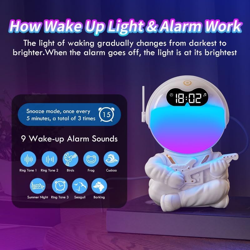 Astronaut Kids Sunrise Alarm Clock, 7 Dimmable Light Wake Clock for Teens, White Noise Bluetooth Speaker with 9 Soothing Sounds, Best Modern Alarm Clock for Heavy Sleepers, Adults, Boys in Bedroom