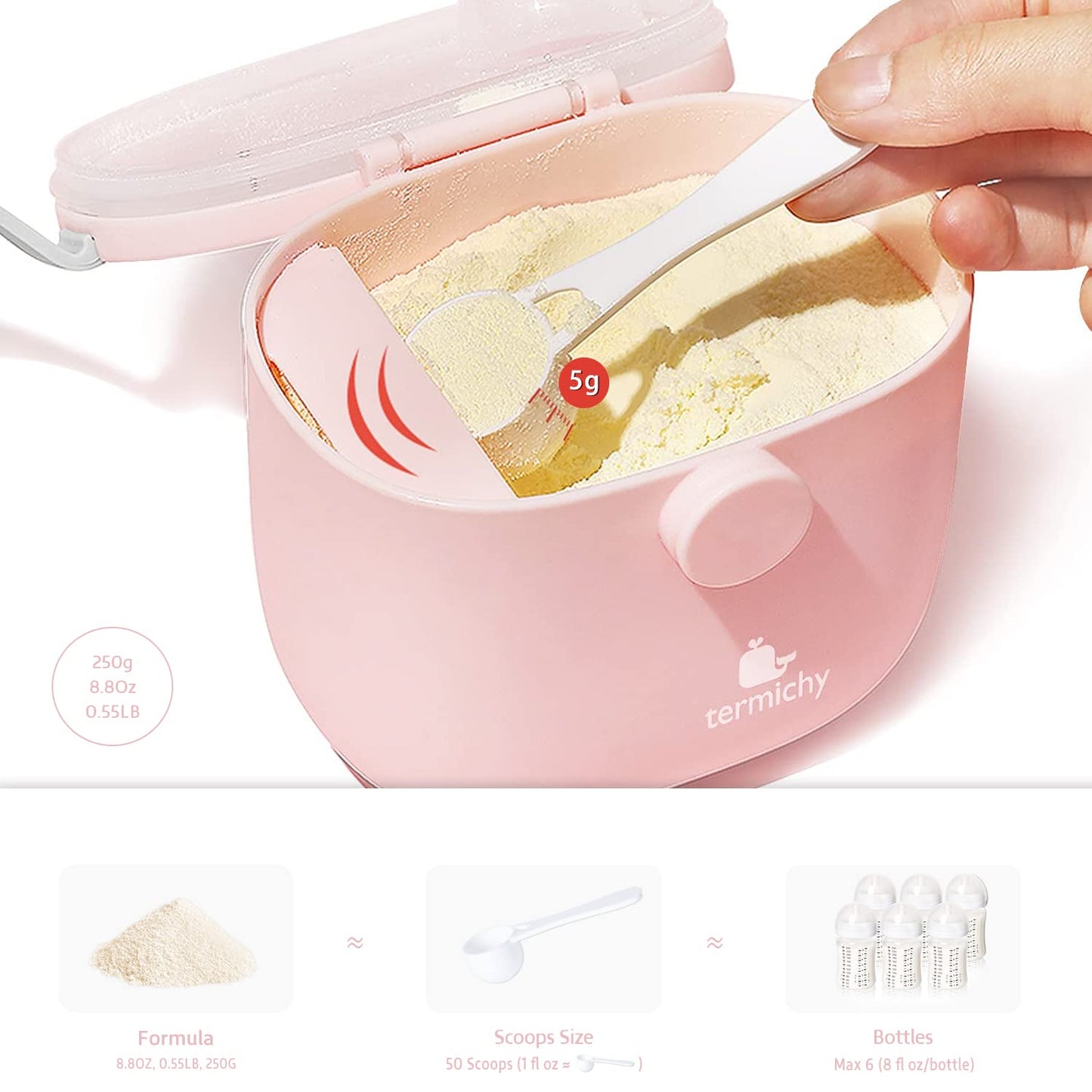 Termichy Baby Formula Dispenser, Portable Milk Powder Dispenser Container with Carry Handle and Scoop for Travel Outdoor Activities with Baby Infant, 8.8OZ, 0.55LB, 250g, 500ml (Pink)