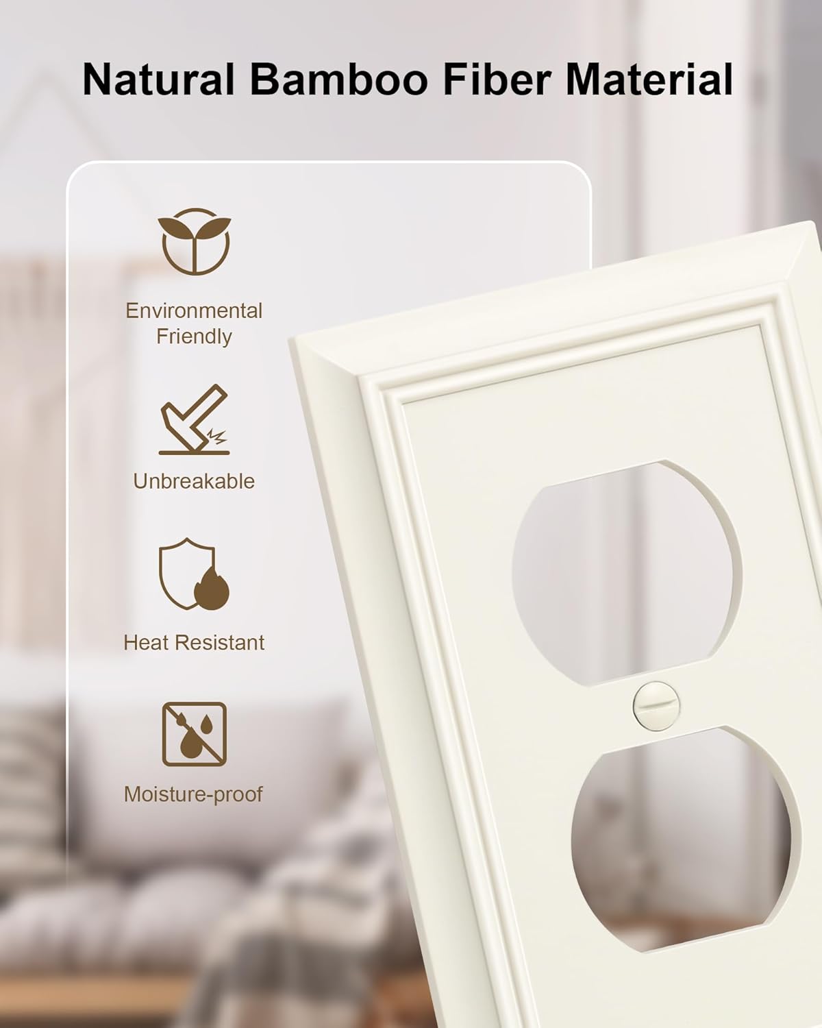 6-Pack Duplex Outlet Cover Plate, Decorative Light Almond Switch Plates and Outlet Covers, Natural Bamboo Fiber Wall Plates for Electrical Outlets, 1 Gang Receptacle Cover, Corrosion Resistant