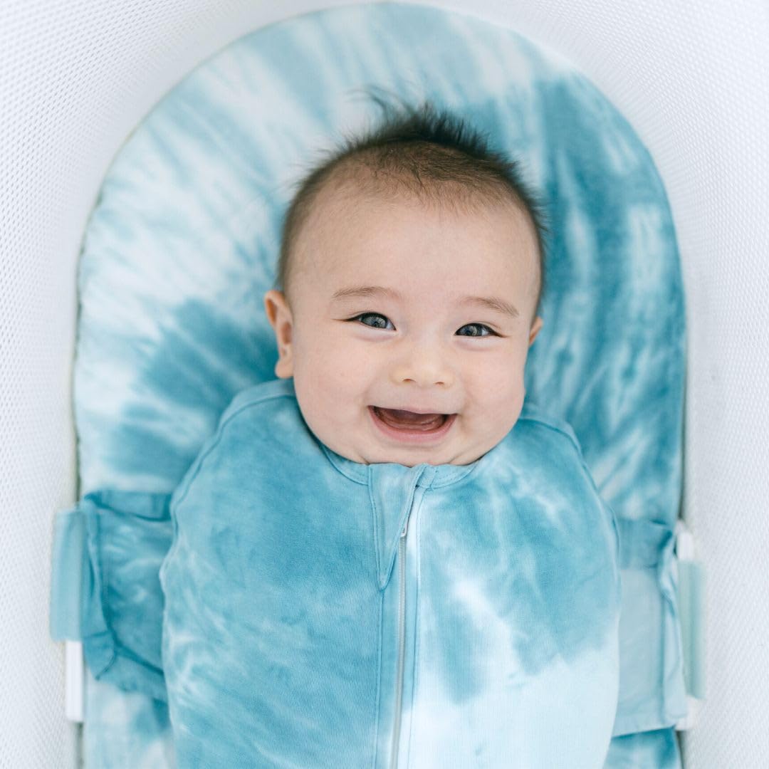 Happiest Baby SNOO Sleep Sack - 100% Organic Cotton Baby Swaddle Blanket - Doctor Designed Promotes Healthy Hip Development (Tie Dye Blue, Small)